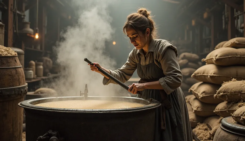 3. Endless Work – Marie Stirring a Large Cauldron of Pitchblende
"Inside an industrial-looking workshop, Marie Curie stands over a massive iron cauldron, stirring a boiling solution of pitchblende with a heavy metal rod. Steam rises around her, and sweat g...