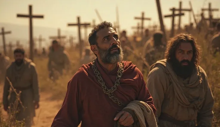 The moment Barrabás is pulled away from the scene by a guard. His face is filled with both relief and confusion. The guard's rough hands grip his arm as they lead him away from the hill of Golgotha. Barrabás’ eyes are still fixed on the crosses in the dist...