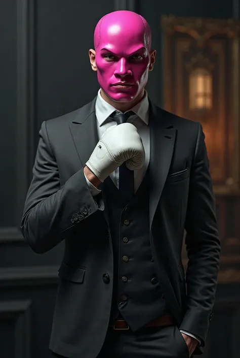 Man in classic dress with white boxing glove and with pink thief mask