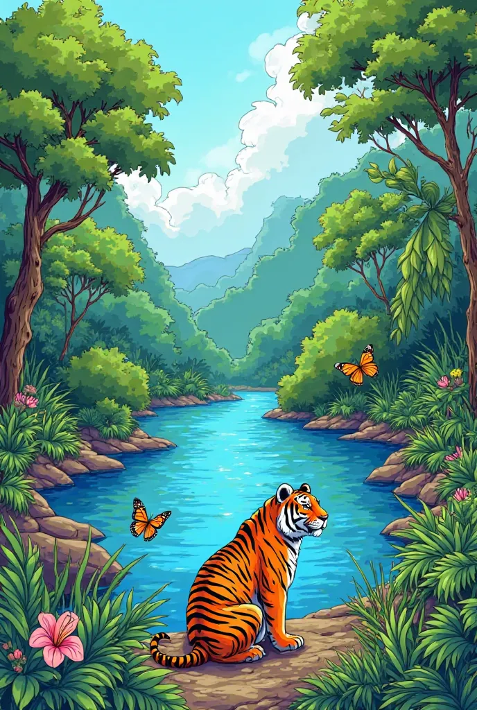 Theme : Jungle scene with animals.
Coloured Image Prompt :
"A vibrant jungle scene with a tiger sitting near a riverbank. The river reflects the blue sky (#87CEEB), surrounded by lush green trees (#228B22). The tiger's stripes are orange (#FF5733) and blac...