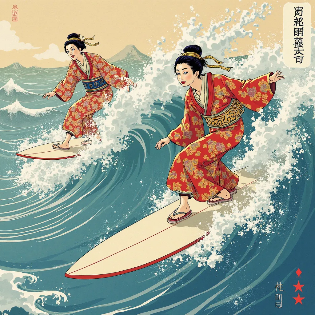 Ukiyo-e illustration of Kabuki surfing,High Resolution, 