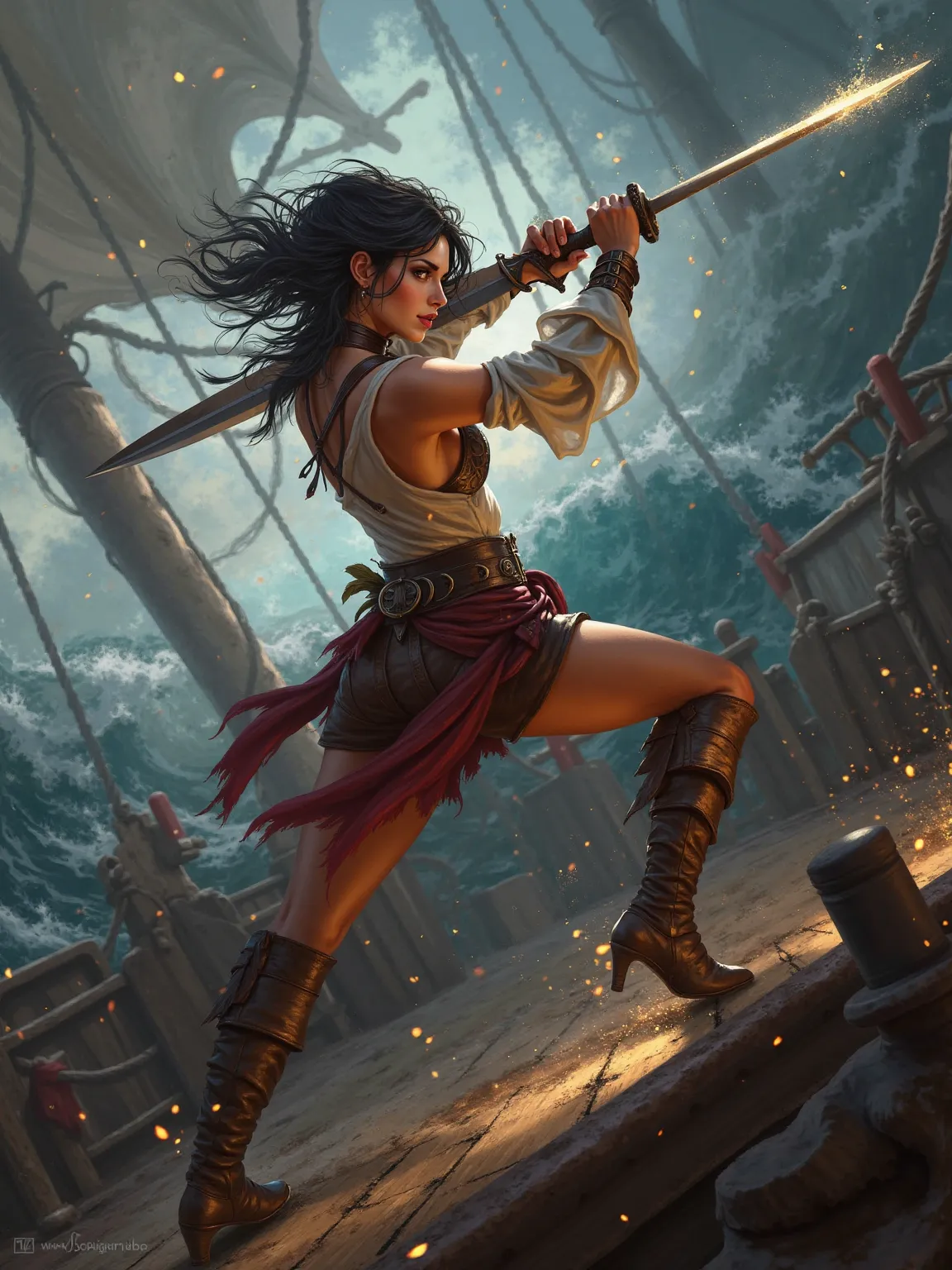 Fully detailed art of post great pirates sexy capitan female attacking dynamic action with sword 