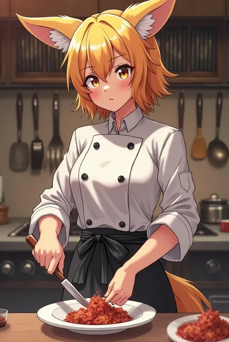 coyote Stark del anime Bleach, chef dress, anime style, detailed character,  serious expression, pose of chef, preparing a plate,  kitchen background ,  kitchen utensils , , high quality digital painting, 8K, hdr, vivid colors, warm tones