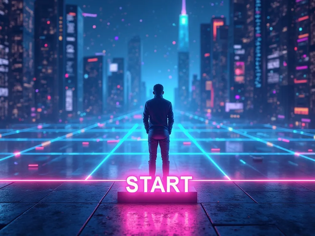 A person standing at the start of a neon-lit coding journey, with a glowing 'START' button in front of them. The background fades into a futuristic digital landscape, representing possibilities in web development. Bright, energetic colors like blue and pur...