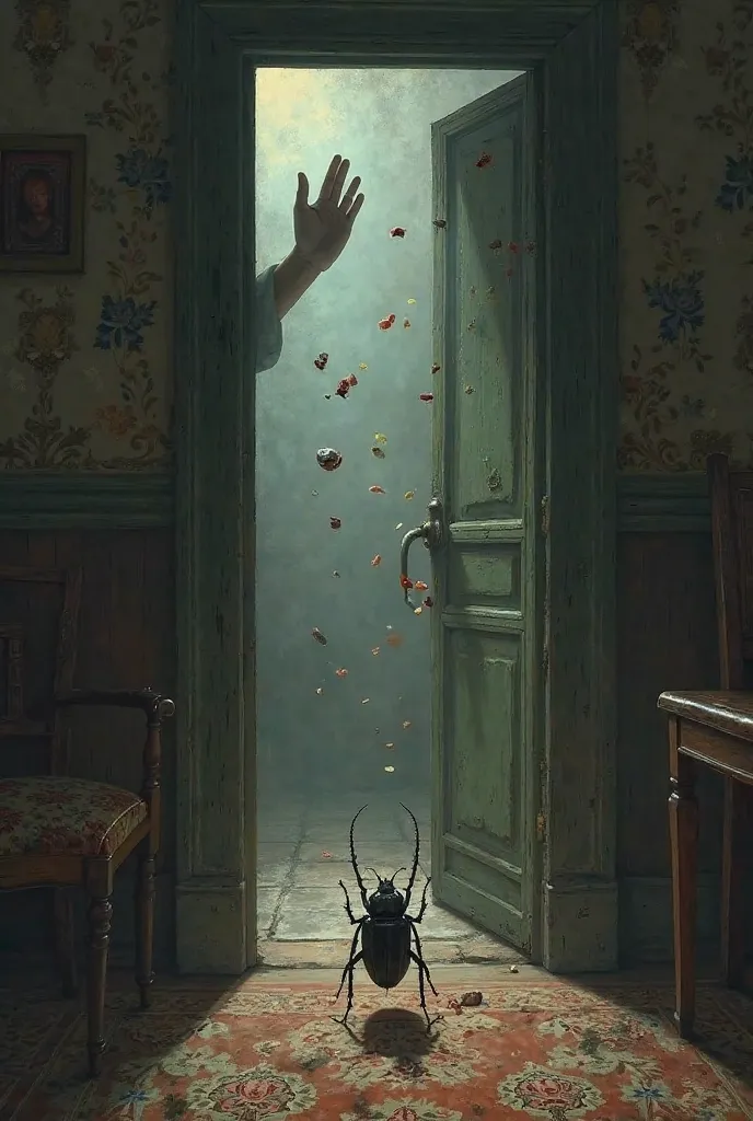 18th century room where the door is slightly opened and there is a hand throwing food in them and a beetle stands in front of the door