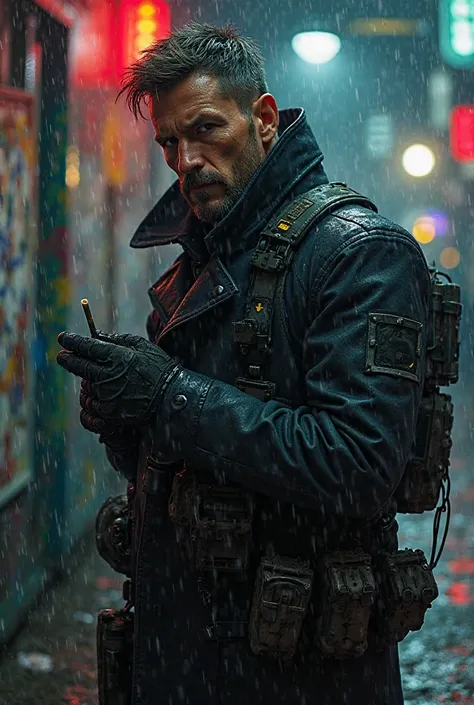 Rugged soldier, late 30s, sharp eyes, faint scar on left cheek, dark trench coat over reinforced combat gear, gloved hands, cigarette in hand, standing against a graffiti wall in a cyberpunk alley, neon lights reflecting in the rain.)