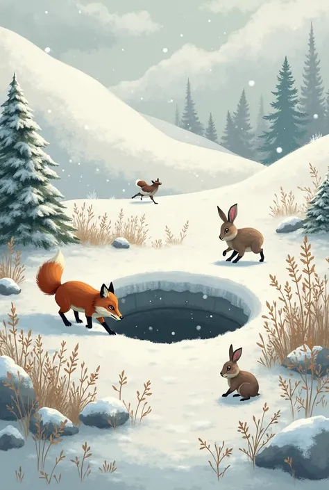 fox digging a well in the snow and the ñandu running in the snow , The rabbit finds medicinal plants