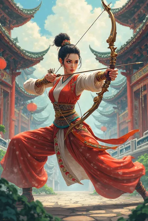 Create a woman from ancient temples in China with a bow and arrow in her hand in a cartoon 