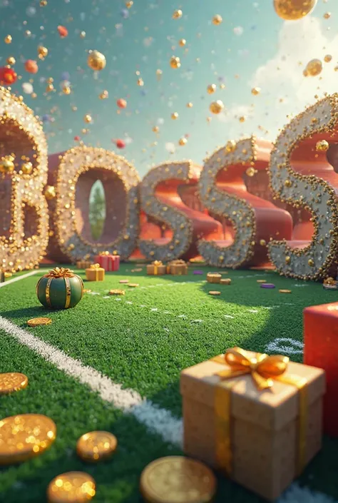 There is a football field in the middle of a 3D BOSS text, gift boxes and gold coins