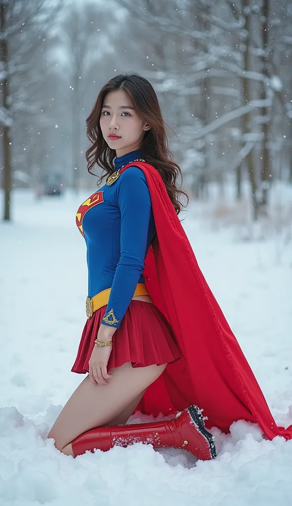 live-action、((( Japanese supergirl stands on her knees、Well-balanced musculature、big breasts、Point your huge butt side at the camera、She is turning her back, looking back and facing the camera:1.9))) 、supergirl cosplay, nsfw ,

  full body image of a beaut...