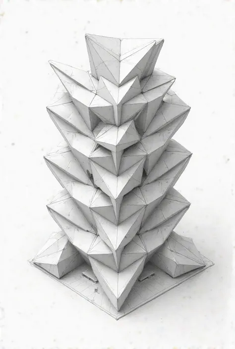 Innovative volume using triangles of a 15-story isometric building drawn in pencil