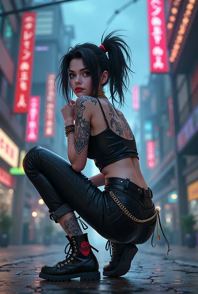 jeune femme avec un style punk rock accroupie, vue de dos et de 3/4, qui regarde la caméra, vue en entière, décors de ville, meilleure qualité, 8k, extrêmement détaillé, style anime.