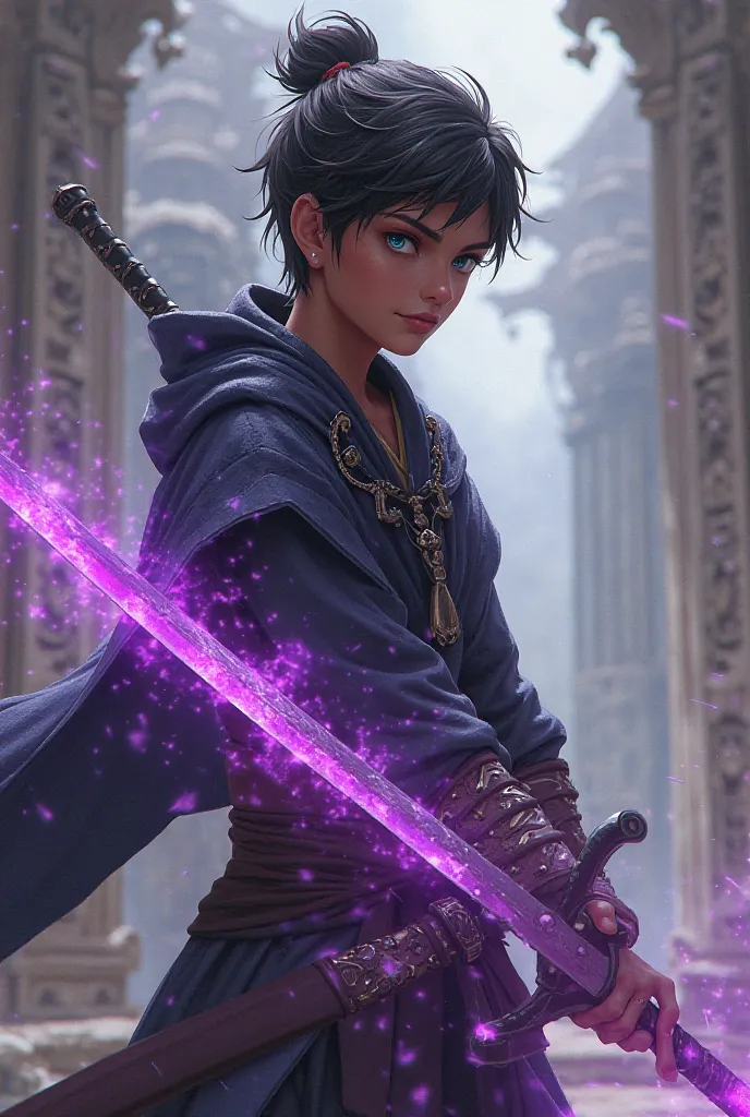 Believe me a young but black brown skin and a sword with a purple aura and a swordsman's clothing 