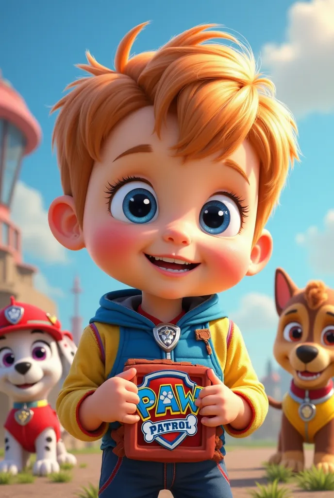 Little blond boy/redhead with blue eyes and paw patrol 