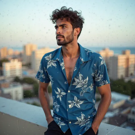 Brazilian actor Chay Suede 32 years old, short curly hairstyle, brown hair, fair skin, brown eyes, thin beard,defined rectangular jaw, 1.80m tall, wearing a blue Hawaiian shirt and black shorts,on rooftop,Photoshoot global illumination, 4K image, ultra-det...