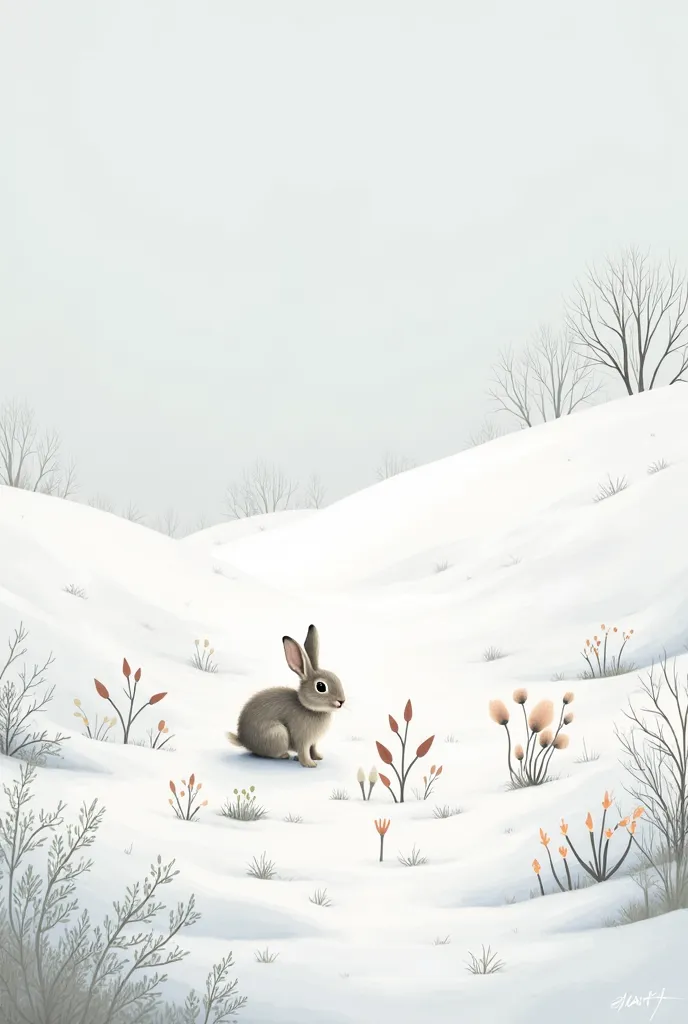 The rabbit finds many plants in the snow