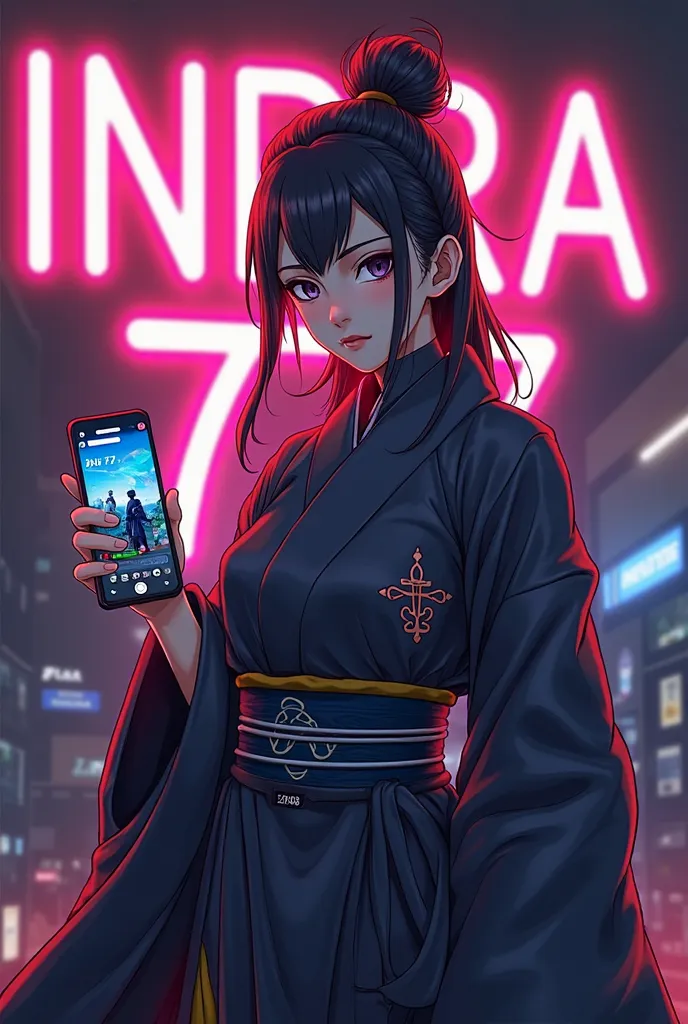 INDRA anime character from naruto anime. The character is holding a phone with a pubg mobile. INDRA 777 neon lettering on the wall.