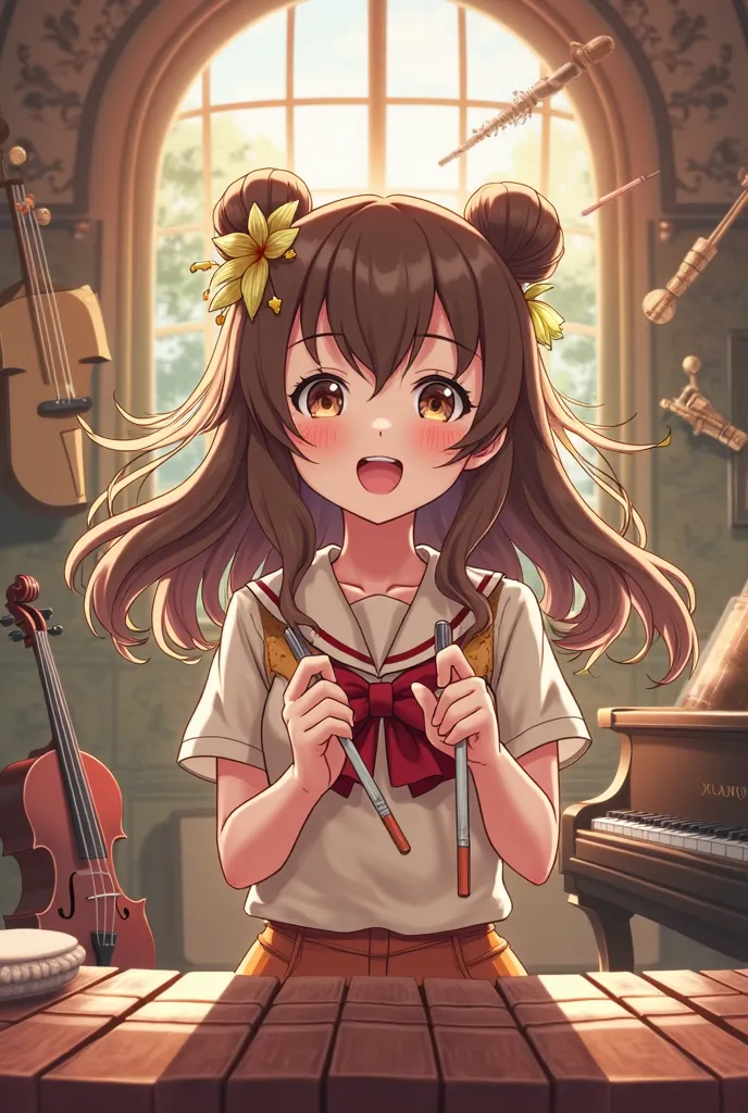 Wallpaper of an anime-style girl who is happy, It's brown hair with rolls in her hand, He has a marimba in front of him and is in a room with different musical instruments 