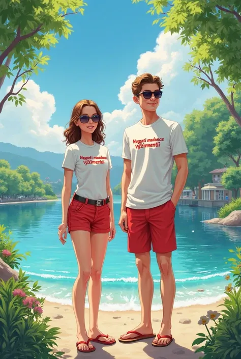 Lifeguard, Balaton, Work, t-shirt slogan: Nyugati Medence Vízimentői , white shirt, red short, and flip flop, sunglass, younger woman, and younger guy, and not sand, green