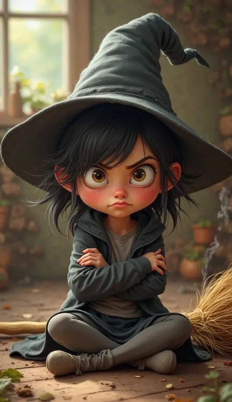 Please draw a picture in which the cute little witch will be offended and very funny, sit on the floor with your arms crossed and your lips inflated, with black hair and a broom side by side.