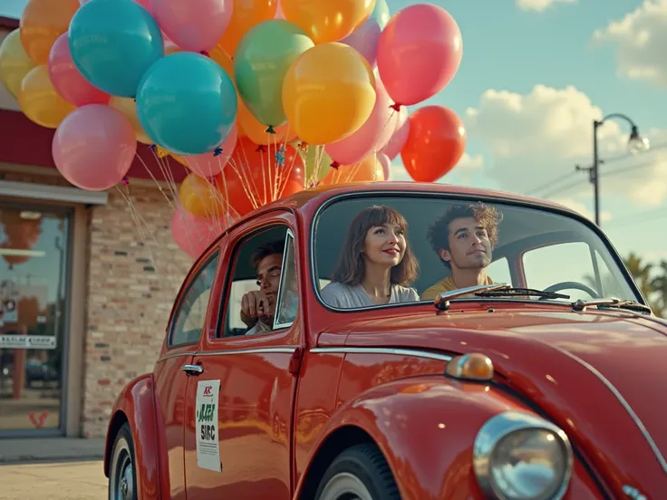 two friends in a car in the KFC parking lot see a clown car full of balloons outside the window of their car photo-like image