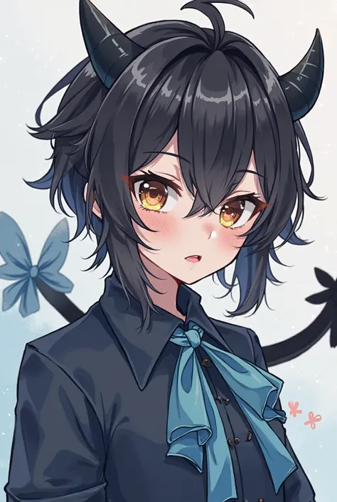 My hair on top has the shape of small horns, and also a black tail like demons with a blue bow on the tail, brown eyes and medium hair, I am a pale sweet boy, but not too feminine and everything is in this anime style "Truska i chulka". I have black fluffy...