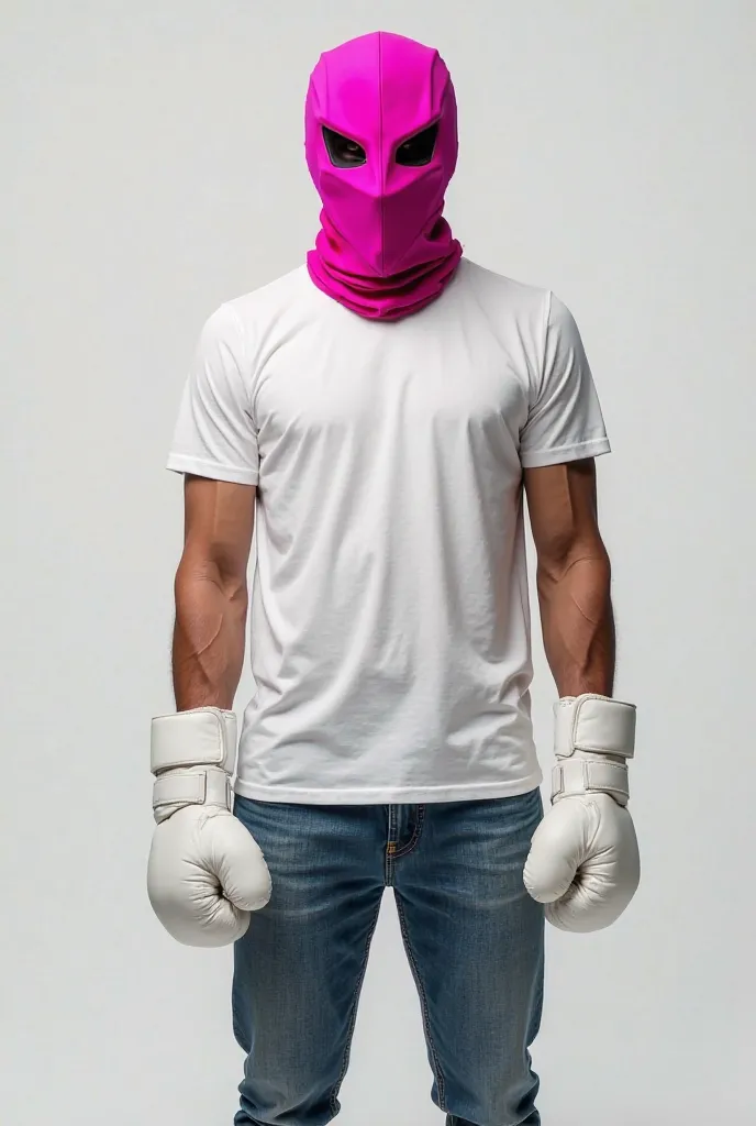 Man in casual clothes with pink thief mask and white boxing gloves