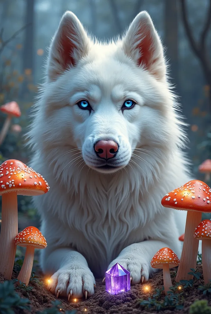 photorealism. White husky with mushrooms, crystals portrait.