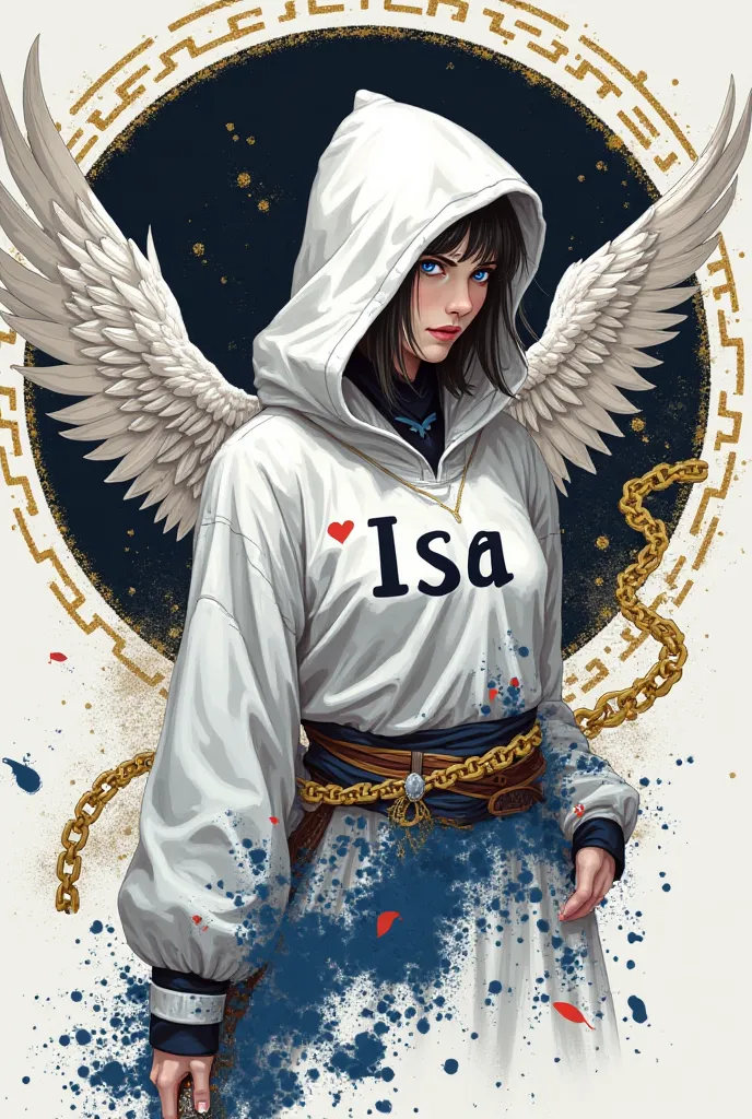 make an image of a female ninja with a white hood, with blue eyes,  a sword in his right hand, and an eagle behind the image is minimalist and the ninja has white wings on her back, the image or the ninja is inside a circle whose outlines are made of thick...