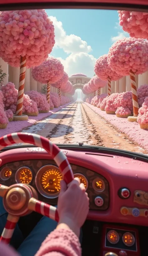 A first-person image from my own eyes, showing me driving a candy-themed car along a road made entirely of sweets. My hands, covered in a slight sugary dust, are visible gripping the candy cane-striped steering wheel, which has a glossy, swirled texture. T...