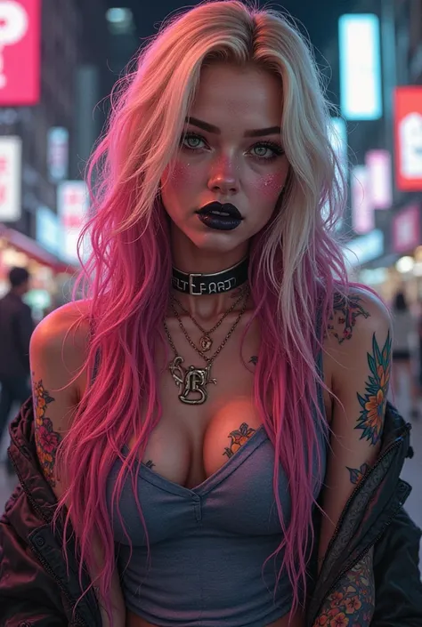 Woman with long straight blonde and fuchsia hair with a pink eye circle, black lips, a ring on her nose wears a sleeveless polo shirt and a black jacket, has tattoos all over her arm and neck with colored flowers, caresses her face with a dagger that carri...