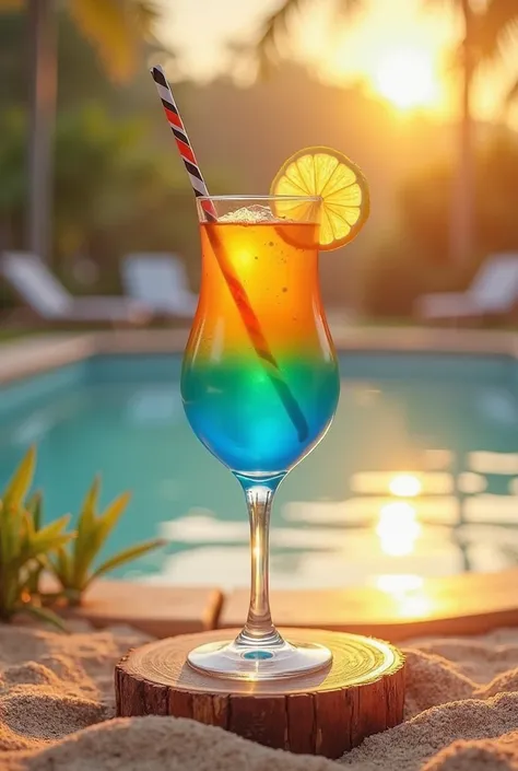 Créer un verre de cocktail coloré bleu dégradé orange  avec une paille et une tranche de citron sur le bord du verre. Le verre est posé sur une petite table dans le sable. On y voit une piscine au 2ème plan 