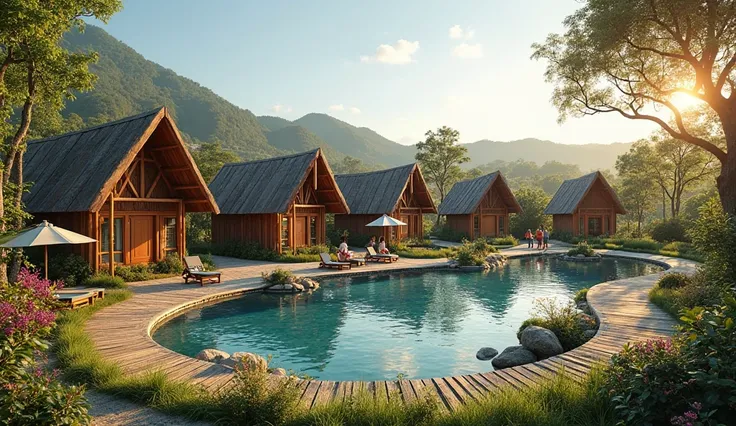 
Capture a serene eco-tourism retreat featuring five charming, rustic cottages made of wood and bamboo, nestled amidst lush greenery and colorful flowers. A natural stone swimming pool sits at the center, surrounded by a wooden deck with lounge chairs and ...