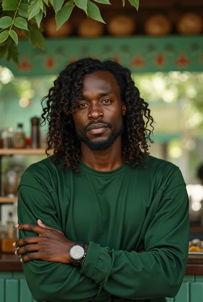 Green font, dark-skinned man with long wavy hair, serene face,  calm expression, relaxed posture, standing in front of a beverage stand, soft light filtered by leaves, predominant green tones, OIL PAINTING, photorealistic, 8k, HDR,  ultra-detailed,  vivid ...