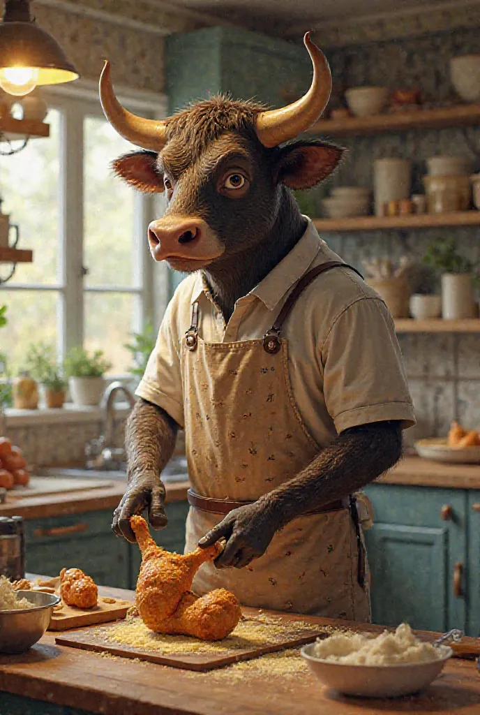 Bull wearing shirt and pants with apron in the kitchen breading chicken legs