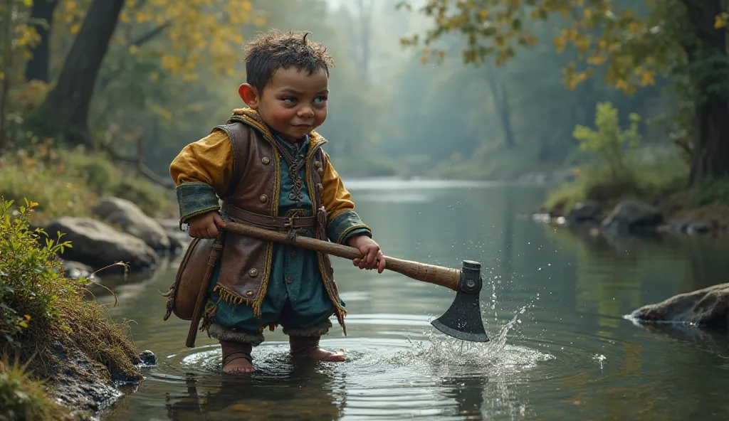  Create image of A greedy villager, dressed in fancier but slightly worn-out clothes, arrives at the river with a cunning look on his face. He purposely throws his axe into the water and pretends to be sad, looking around to see if anyone is watching. The ...