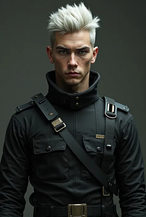 A white-haired, green-eyed young male soldier wearing black clothes.