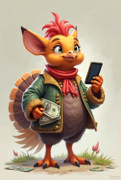 Animal from the game of the turkey animal , with costume , holding money and cell phone looking up