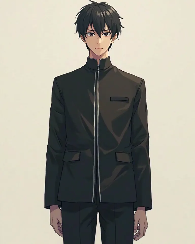 A Fullbody Halfbody Picture of A 10 Feet Tall Dark black haired Dark black eyed anime mature faced Anime Boy wearing a black slim Gakuran athletic uniform with a line in the middle