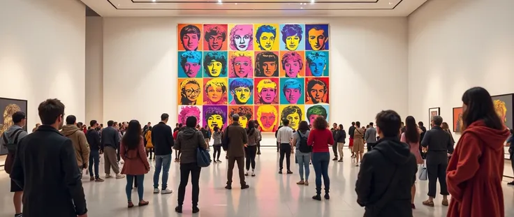 Galeria do The Museum of Modern Art. works of art. people looking at a painting "The Beatles Pop Art" de Andy Warhol