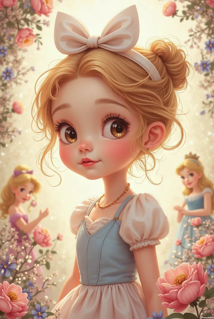 Petite fille blonde/rousse avec une houpette dans les cheveux avec les princesses disney