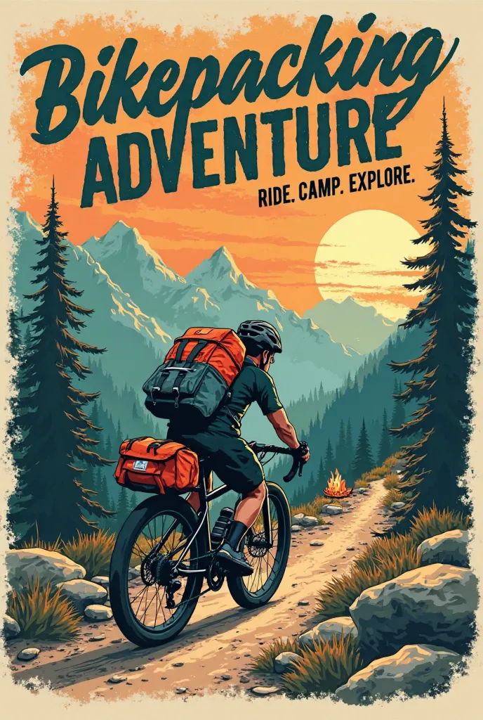 "A dynamic and adventurous illustration of a fully loaded gravel bike, equipped with bikepacking bags (handlebar roll, frame bag, and saddle bag), riding through a scenic mountain trail. The background features a sunrise or sunset over rugged landscapes, s...