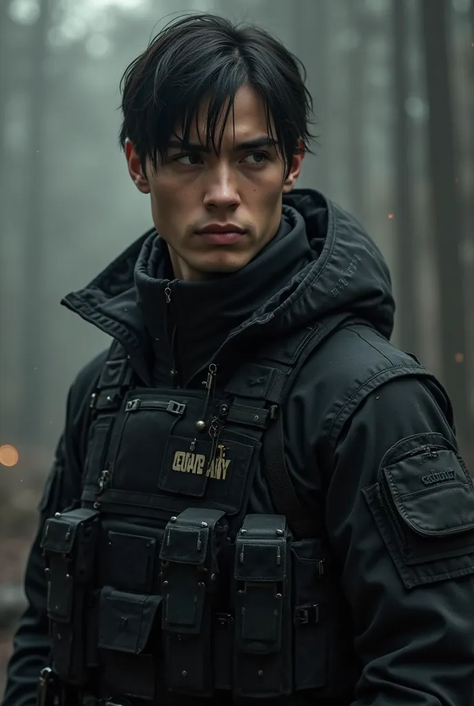 A young male soldier with medium length hair, black hair and black clothes.