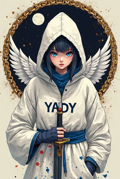 creates an image of a female ninja with a white hood,  with blue eyes,   a sword in his right hand, and an eagle behind the image is minimalist and the ninja has white wings on her back, the image of the ninja is inside a circle whose outlines are made of ...