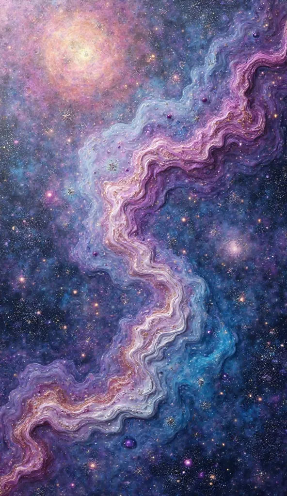 Create a realistic 3D image of a cosmic-inspired piece with fluid acrylics, resembling swirling galaxies and nebulae in deep purples, blues, and silvers.making it look like a real painting 