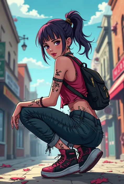 jeune femme avec un style punk rock est accroupie en pose hip hop, confiante, vue de dos et vue de 3/4, qui regarde la caméra, vue en entière, décors de ville, meilleure qualité, 8k, extrêmement détaillé, style anime.