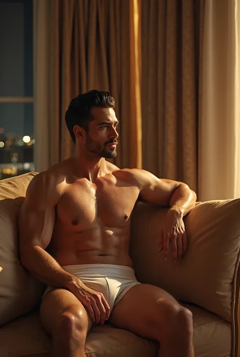 A luxurious hotel suite bathed in soft, golden light. A strikingly handsome 40-year-old Argentine businessman sitting on a sofa, tall (1.88m), broad-shouldered, with a muscular, well-defined physique. His presence is magnetic, exuding power and sensuality....