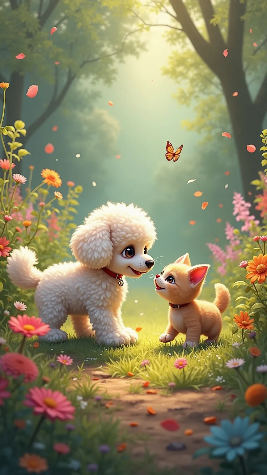 The poodle and kitten exploring a garden, the poodle sniffing flowers while the kitten chases a butterfly, both enjoying the beauty of nature."