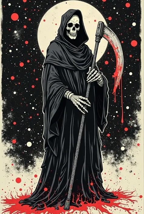 inspired by Andrew Warhola//silkscreen art//Contemporary Art//psychedelic/// monotone//Black and White//background/STARDUST/grim Reaper// Tarot Cards// has a large sickle bathed in blood