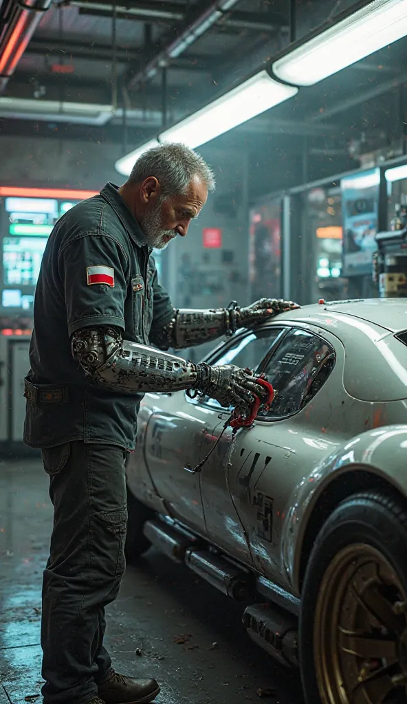 The image shows an older mechanic/cyborg working in his futuristic cyberpunk style garage at a supercar/fiat 125. The character has a polish flag on his mechanical arm.